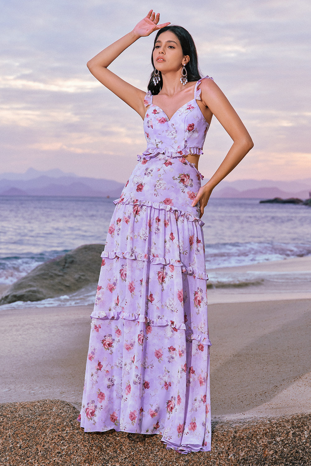 Off the Shoulder Lilla Floral A-linje Chiffon Brudepikekjole