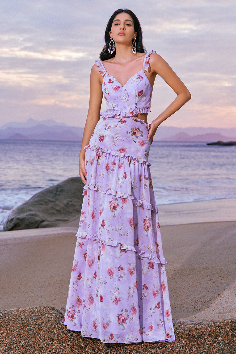 Off the Shoulder Lilla Floral A-linje Chiffon Brudepikekjole