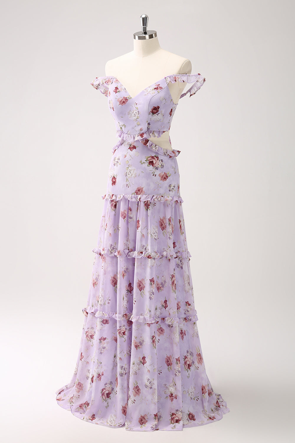Grå lilla A-linje Off the Shoulder Floral brudepikekjole