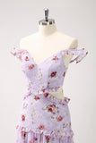 Grå lilla A-linje Off the Shoulder Floral brudepikekjole