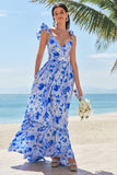 Off The Shoulder Blå Floral A Line Chiffon Brudepikekjole
