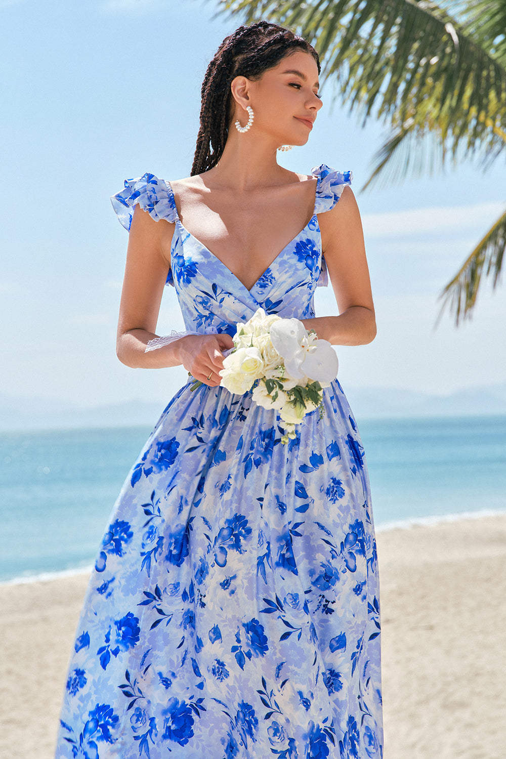 Off The Shoulder Blå Floral A Line Chiffon Brudepikekjole