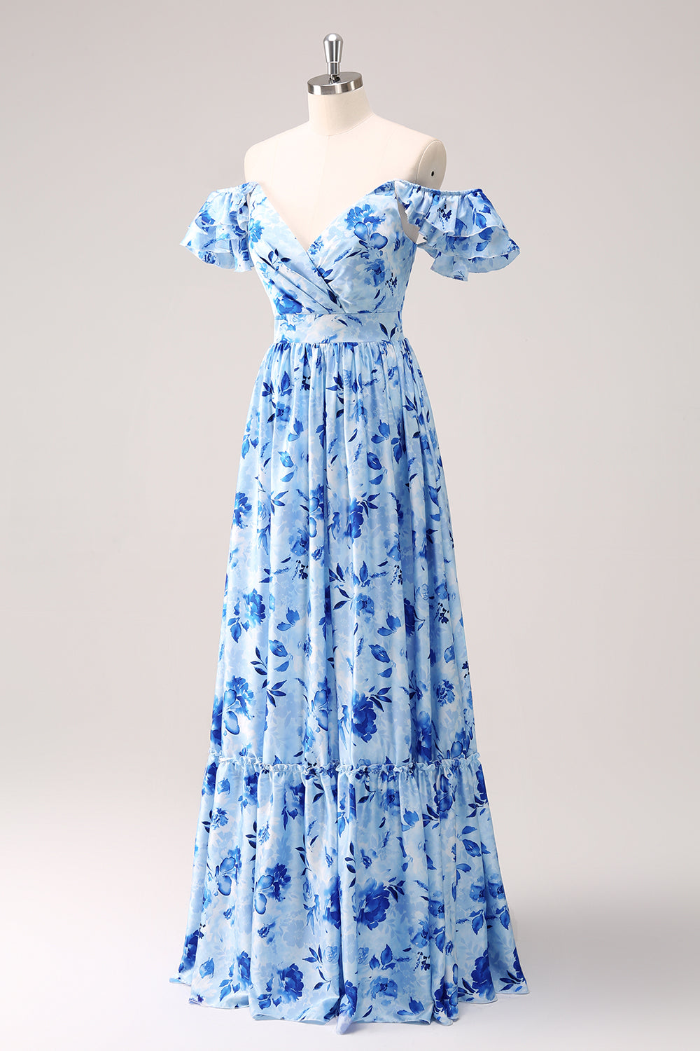 Blå Off The Shoulder Floral A Line Brudepikekjole