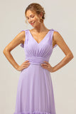 Lilla chiffon A-linje rynket lang brudepikekjole med volanger