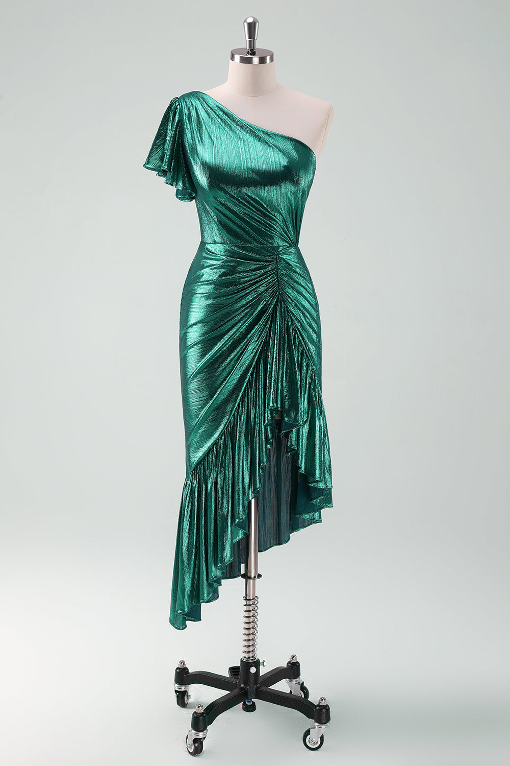Mørkegrønn Metallic One Shoulder Havfrue Cocktail Kjole med Volanger