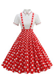 Blå Peter Pan krage Polka prikker stropper Overall Vintage kjole