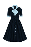 A-Line Navy Retro Button Up Vintage kjole med korte ermer