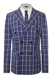 Royal Blue Plaid Peak Lapel Double Breasted 2 Piece herredress
