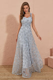 Sliver Grey A Line Floral Embroidery Long Prom Dress med Slit