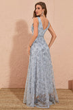 Sliver Grey A Line Floral Embroidery Long Prom Dress med Slit