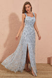 Sliver Grey A Line Floral Embroidery Long Prom Dress med Slit
