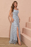 Sliver Grey A Line Floral Embroidery Long Prom Dress med Slit