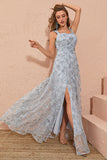 Sliver Grey A Line Floral Embroidery Long Prom Dress med Slit