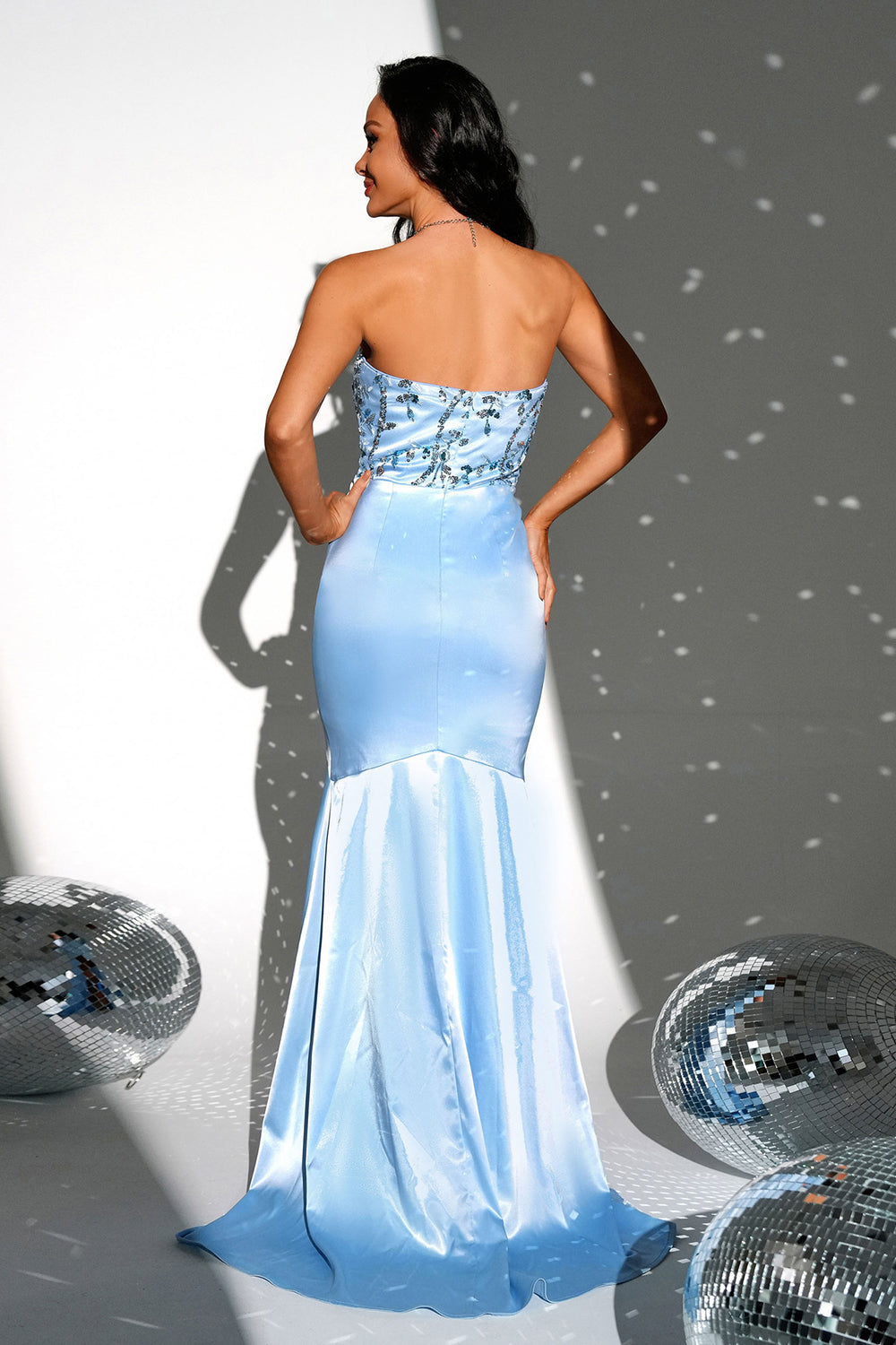 Sparkly Blue Strapless Mermaid Long Prom Dress med Slit