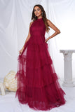 Burgund Halter Tiered Tulle A Line Long Prom Dress