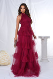 Burgund Halter Tiered Tulle A Line Long Prom Dress