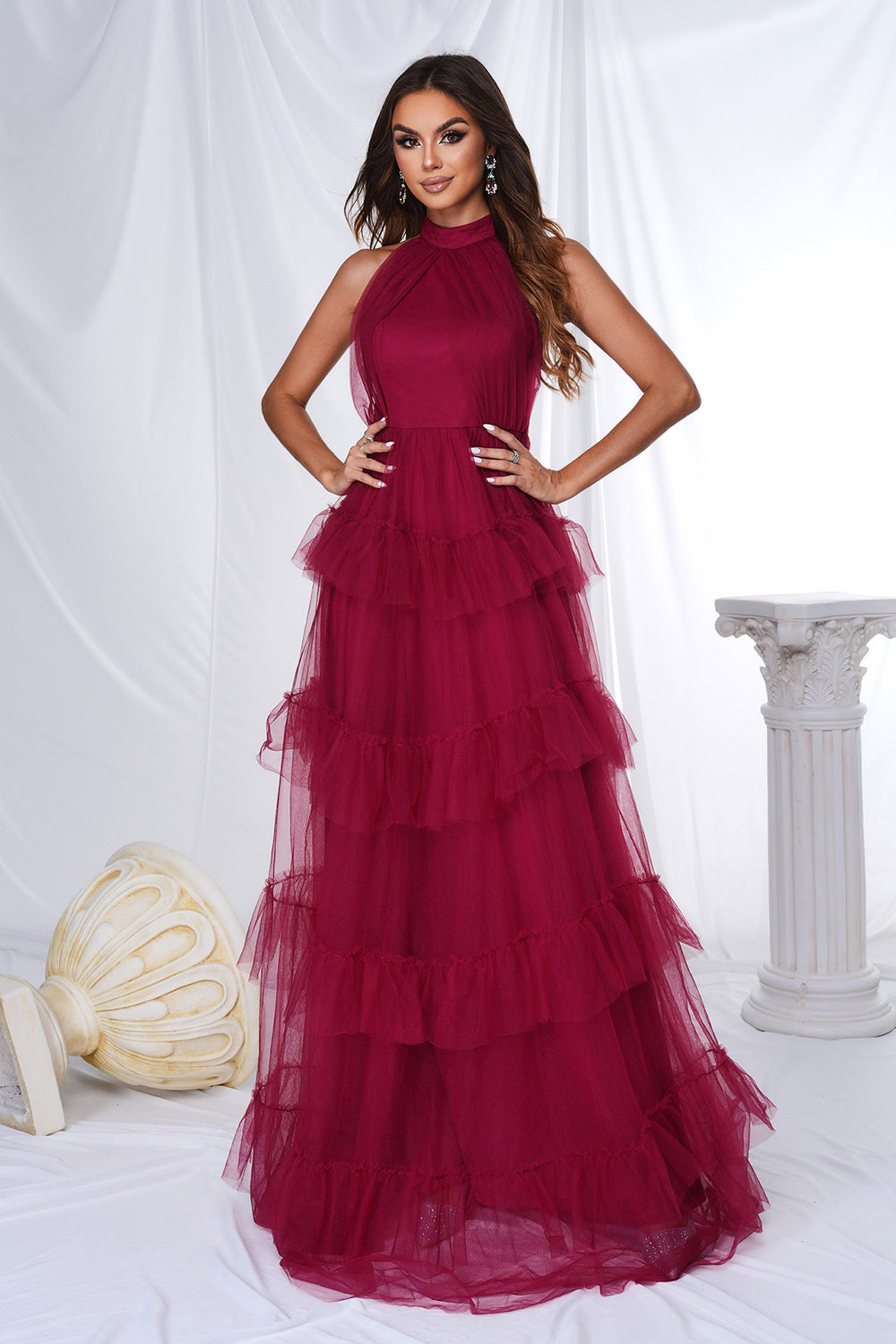 Burgund Halter Tiered Tulle A Line Long Prom Dress