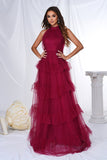 Burgund Halter Tiered Tulle A Line Long Prom Dress