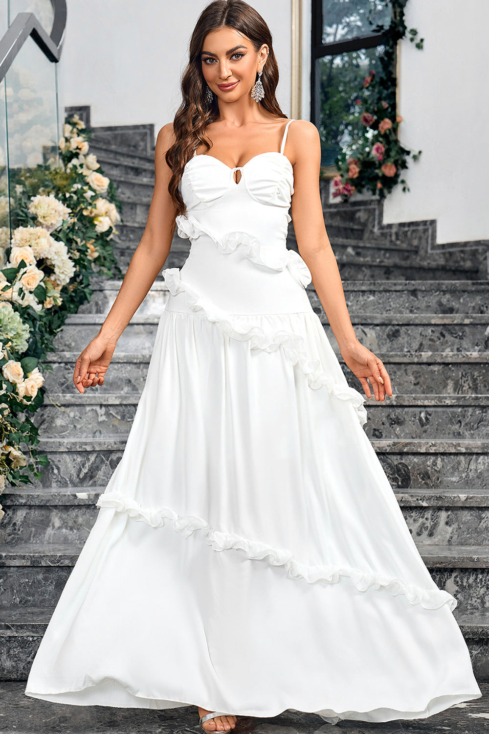 Hvit A Line Sweetheart Neck Spaghetti stropper Long Simple Dress