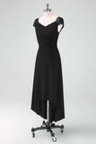 Svart High-Low Cocktail Kjole med Cap Ermer