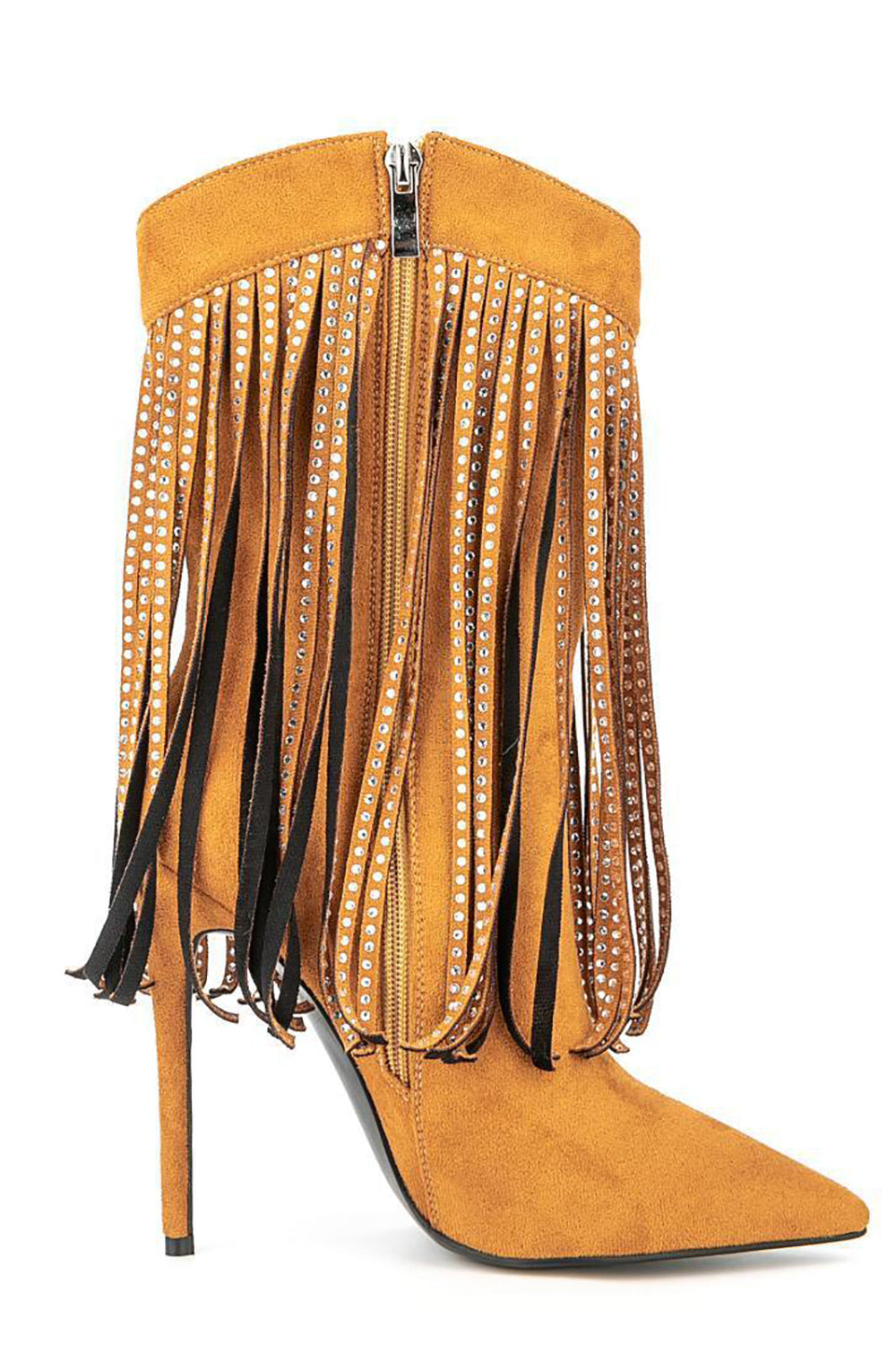 Svart semsket skinn Rhinestone frynsede stiletthæler ankelstøvler