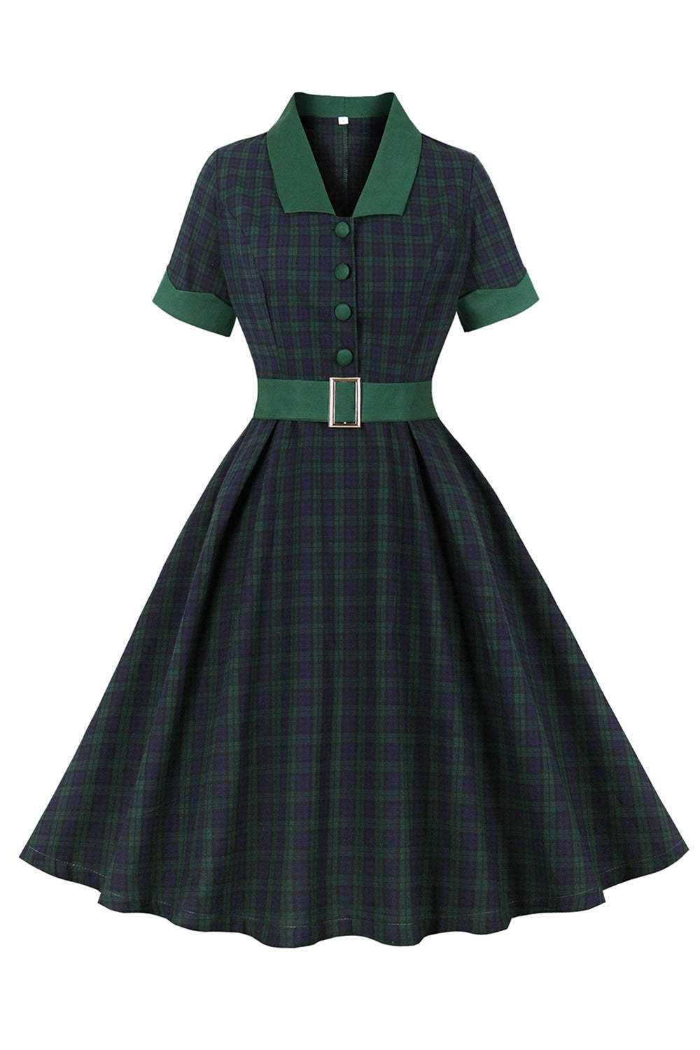 Marinegrønn rutete belte swing 1950-talls kjole