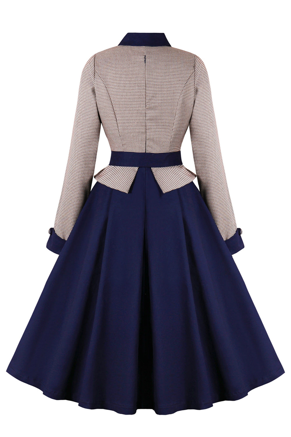 Navy Houndstooth belte lange ermer 1950-tallet kjole