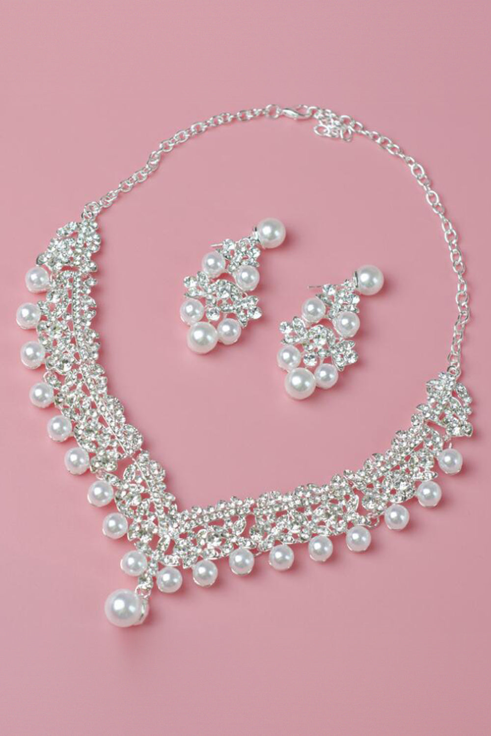 Perle Rhinestone anheng halskjede øredobber Tiara smykkesett