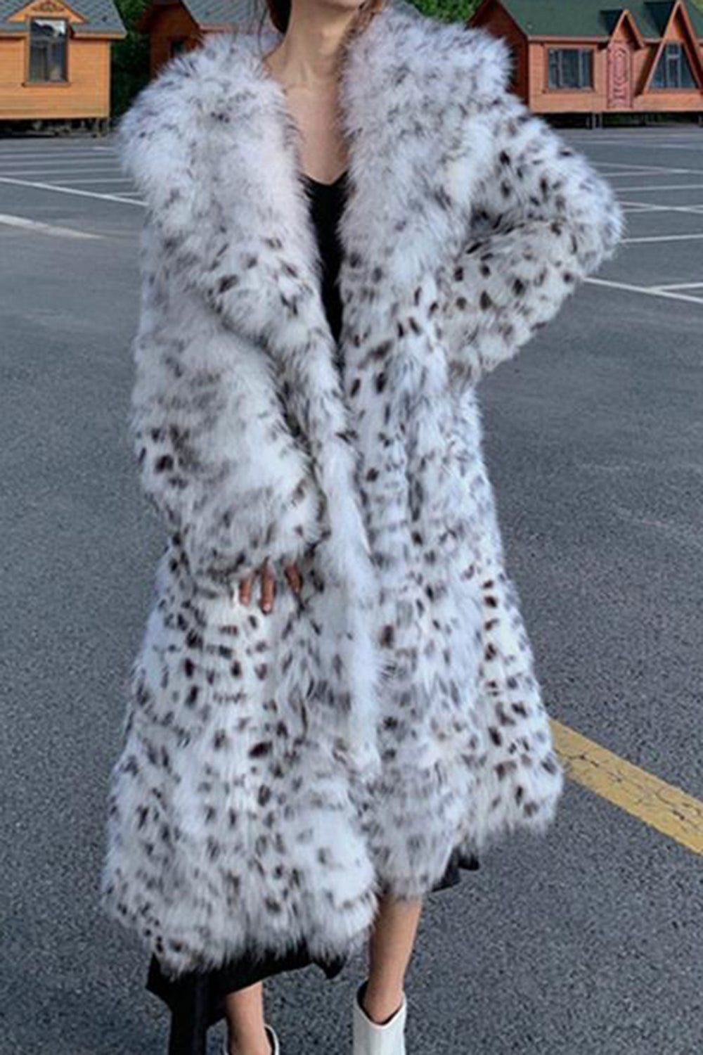 Svart Hvit Leopard Mønster Lang Damefrakk
