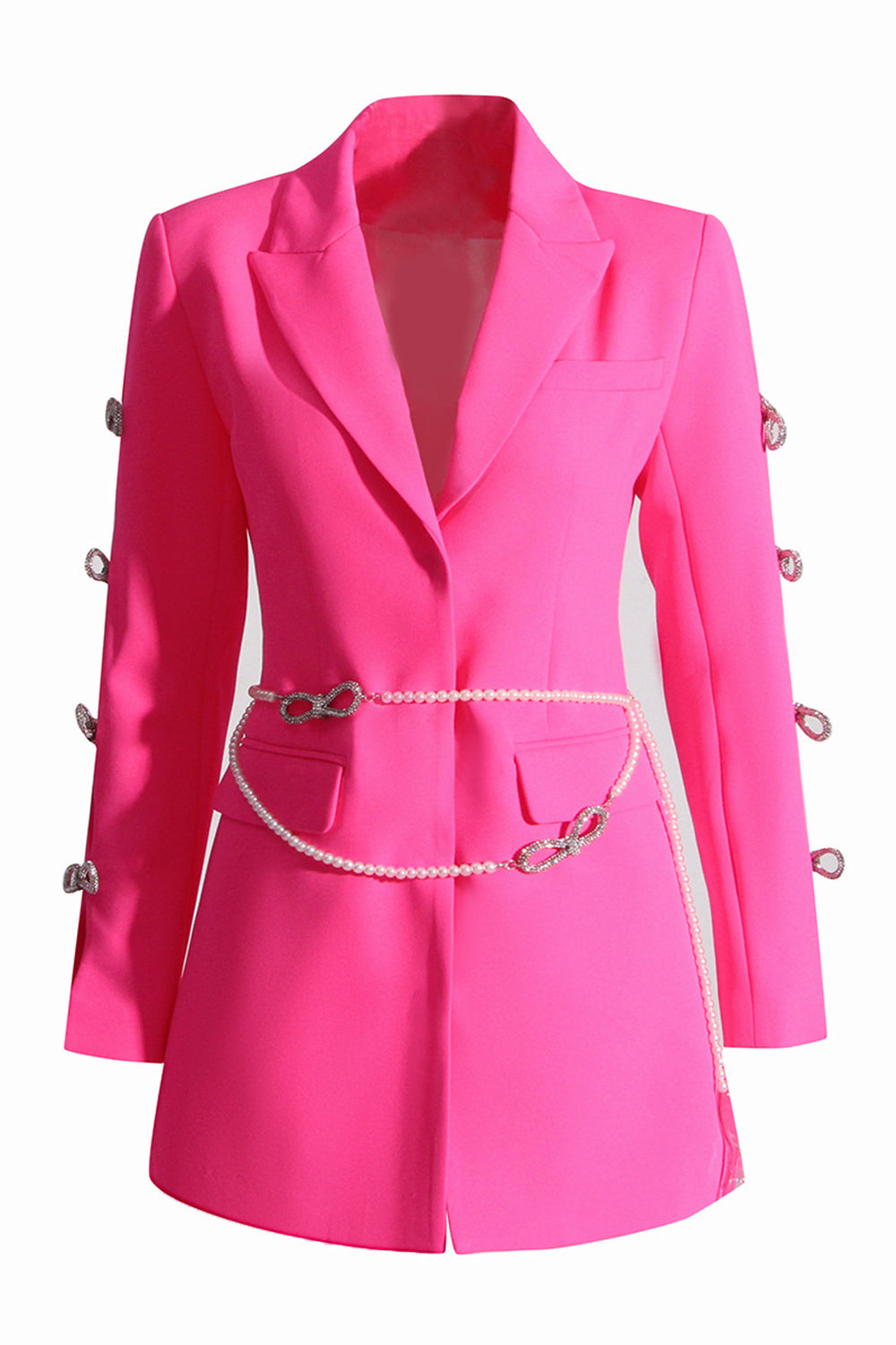 Fuchsia Peak Lapel Women Blazer med perlebelte