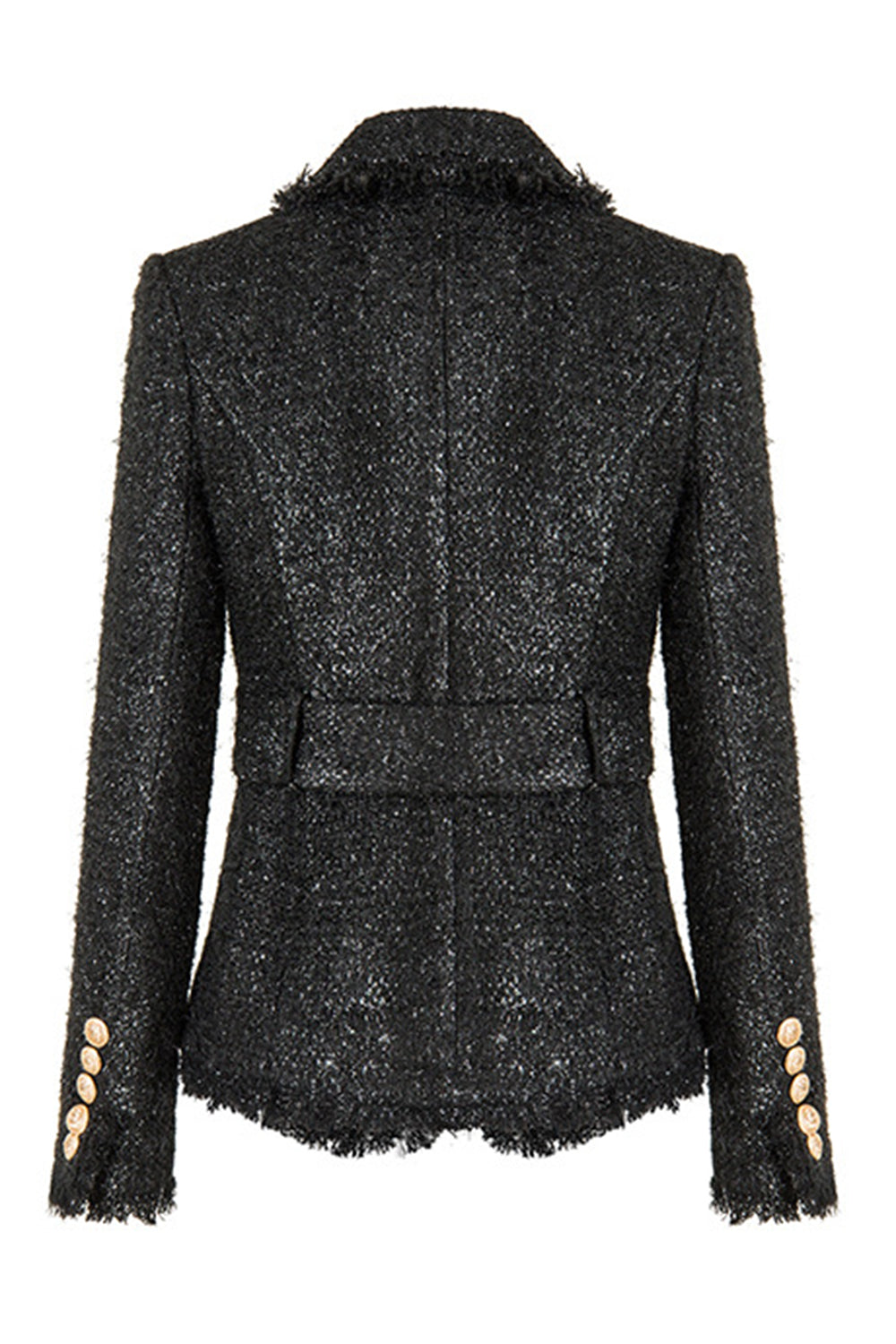 Svart Tweed Notched Lapel Women jakke med belte