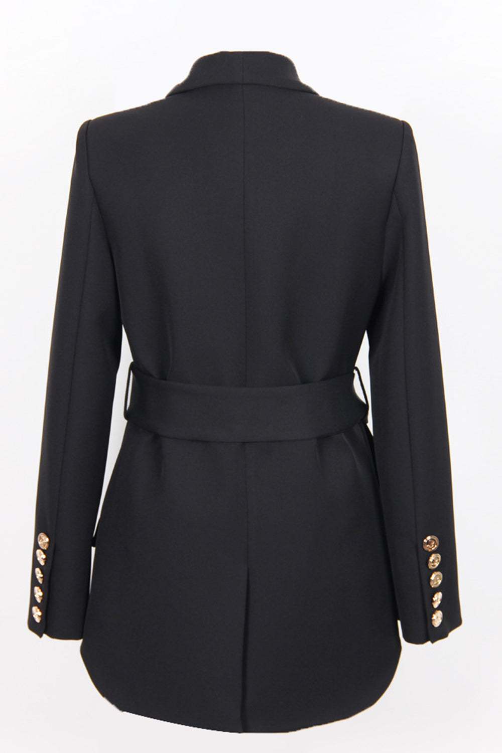 Svart sjal jakkeslag dobbeltspent lang dame blazer med belte