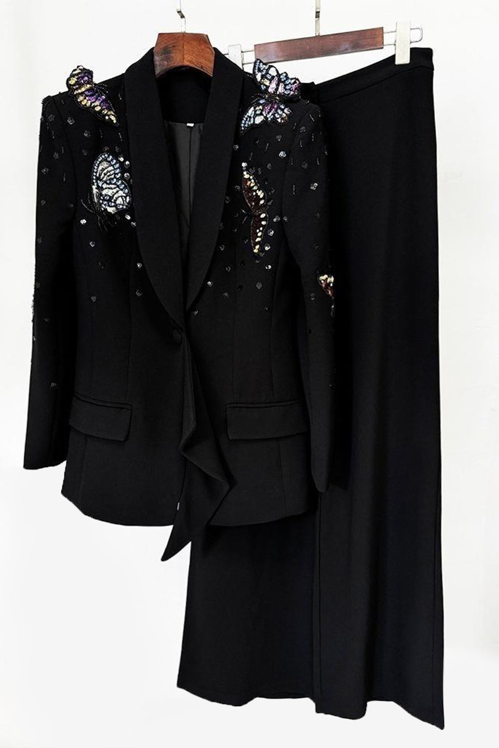 Svart sjal jakkeslag 2 deler kvinner dresser med sommerfugler