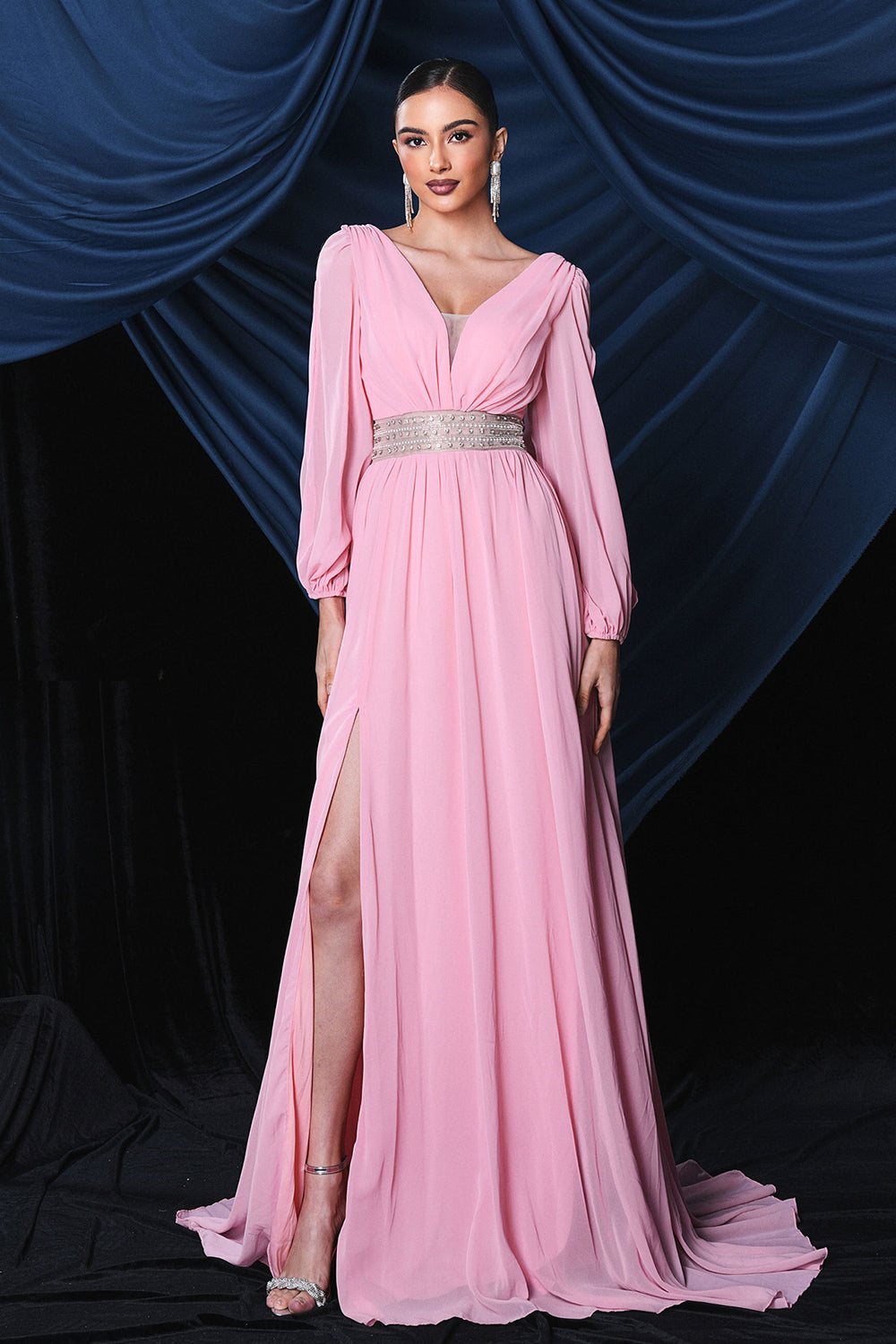 Rosa Chiffon Langermet Ballkjole Med Splitt