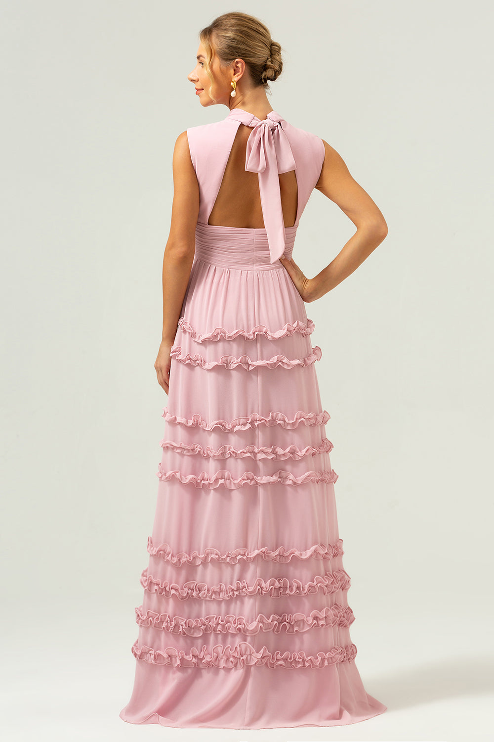 Blush A-linje volangkjole Chiffon lang brudepikekjole med åpen rygg