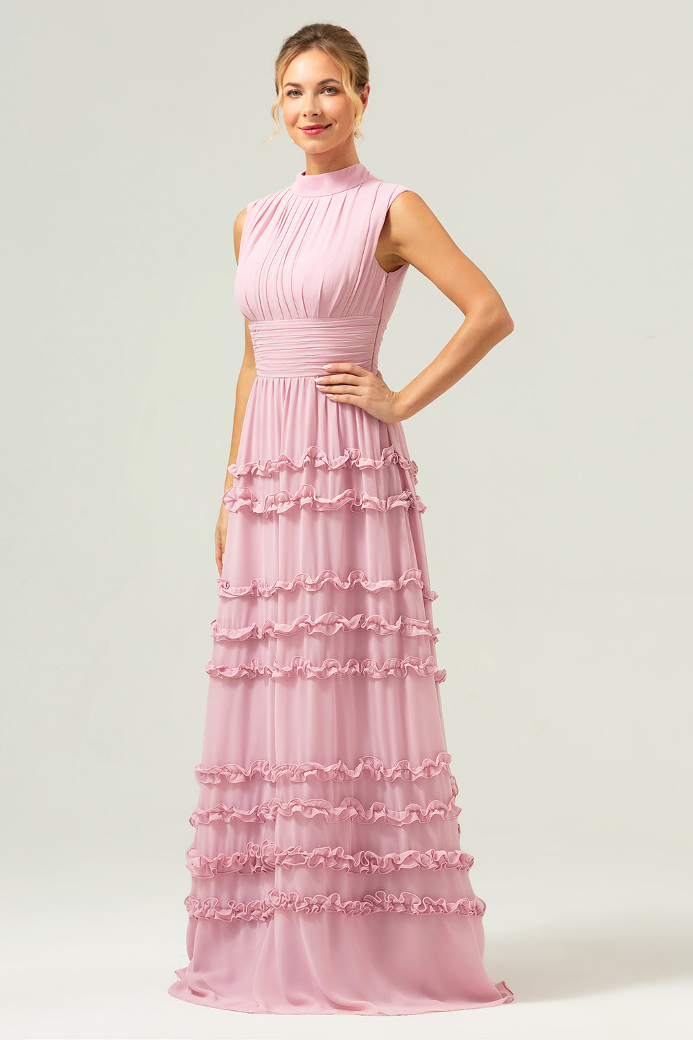 Blush A-linje volangkjole Chiffon lang brudepikekjole med åpen rygg
