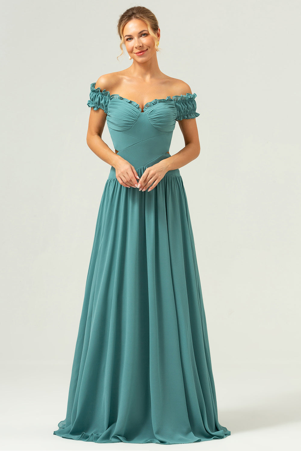 A-linje Off The Shoulder plissert chiffon grønn lang brudepikekjole