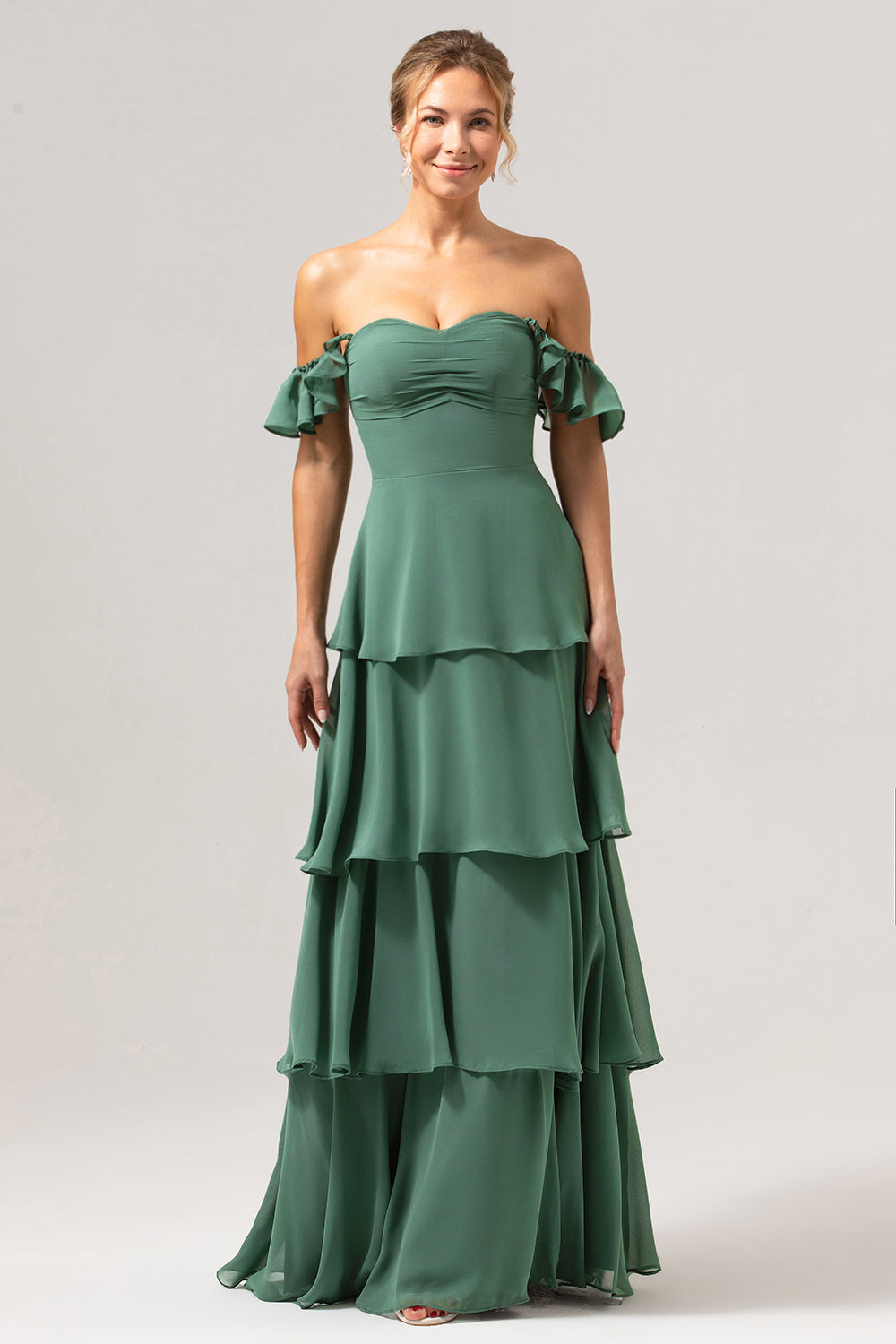 Eukalyptus A-linje Off The Shoulder Ruffled Chiffon Lang brudepikekjole