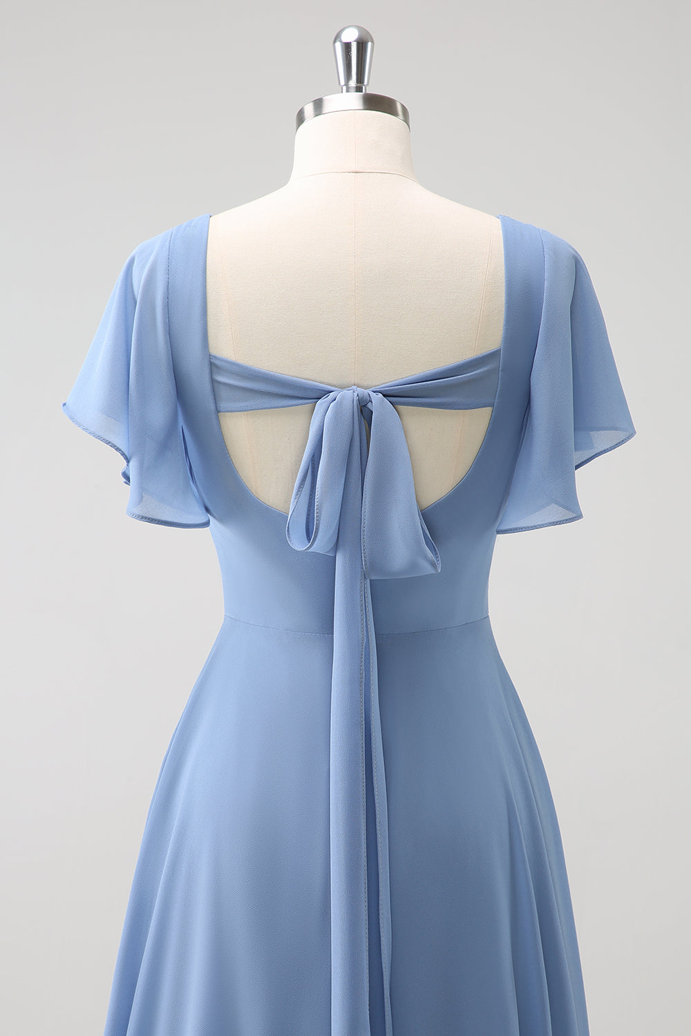 Grå Blå A Line Chiffon Lang Brudepikekjole med Splitt