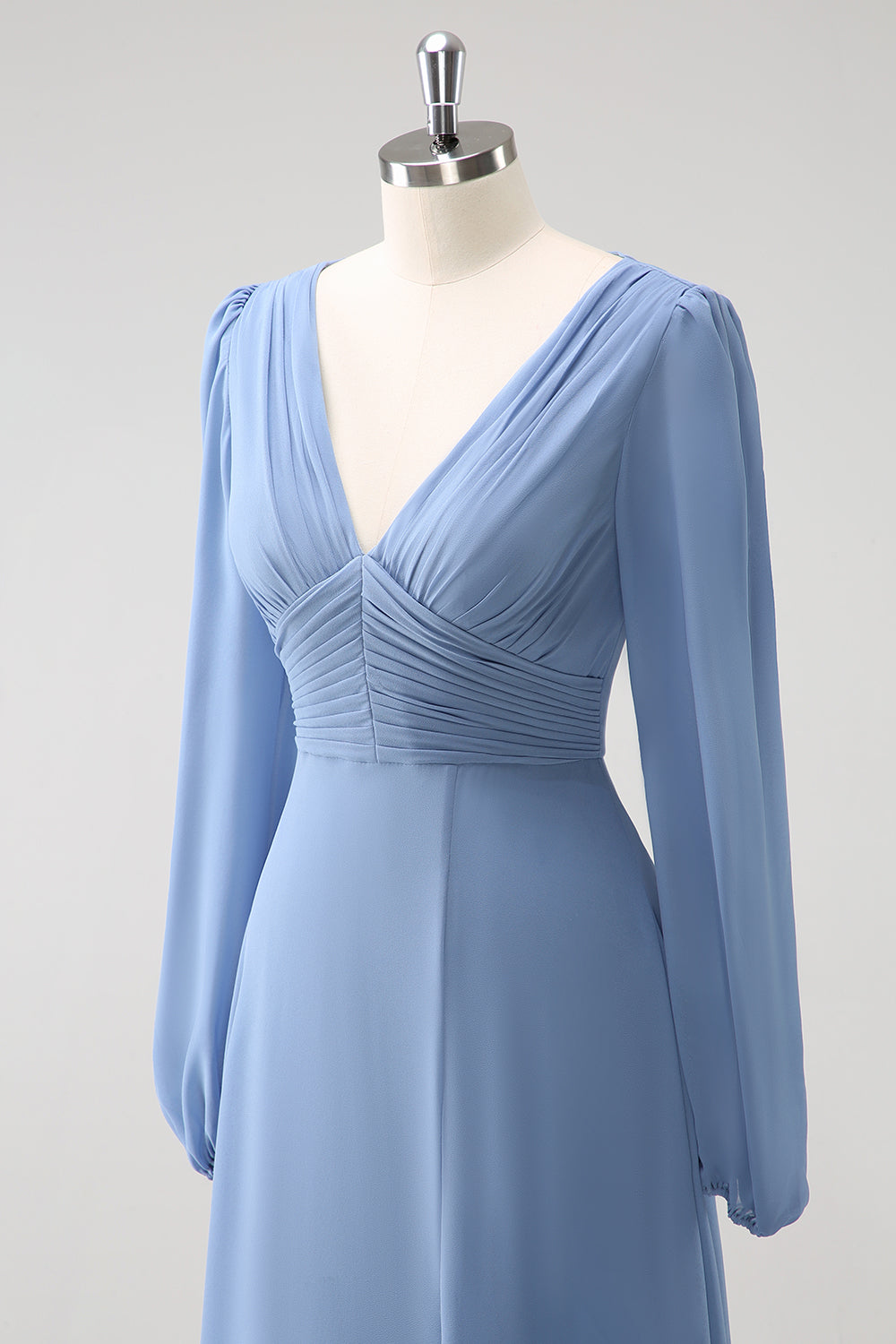 En linje grå blå V-Nack Chiffon brudepikekjole med lange ermer