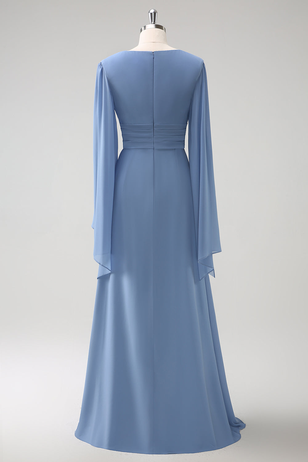 Grå Blå A Line Langermet Chiffon Brudepike Kjole med Splitt