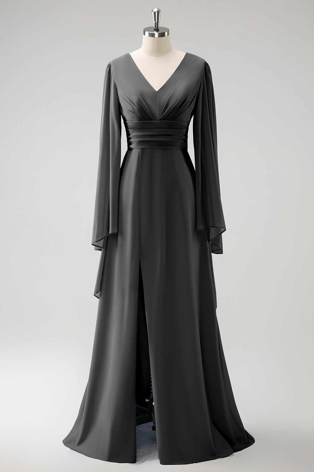 Grå Blå A Line Langermet Chiffon Brudepike Kjole med Splitt