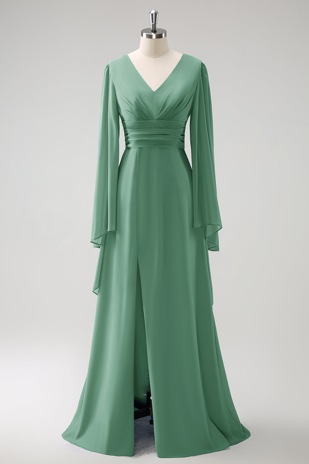 Grå Blå A Line Langermet Chiffon Brudepike Kjole med Splitt