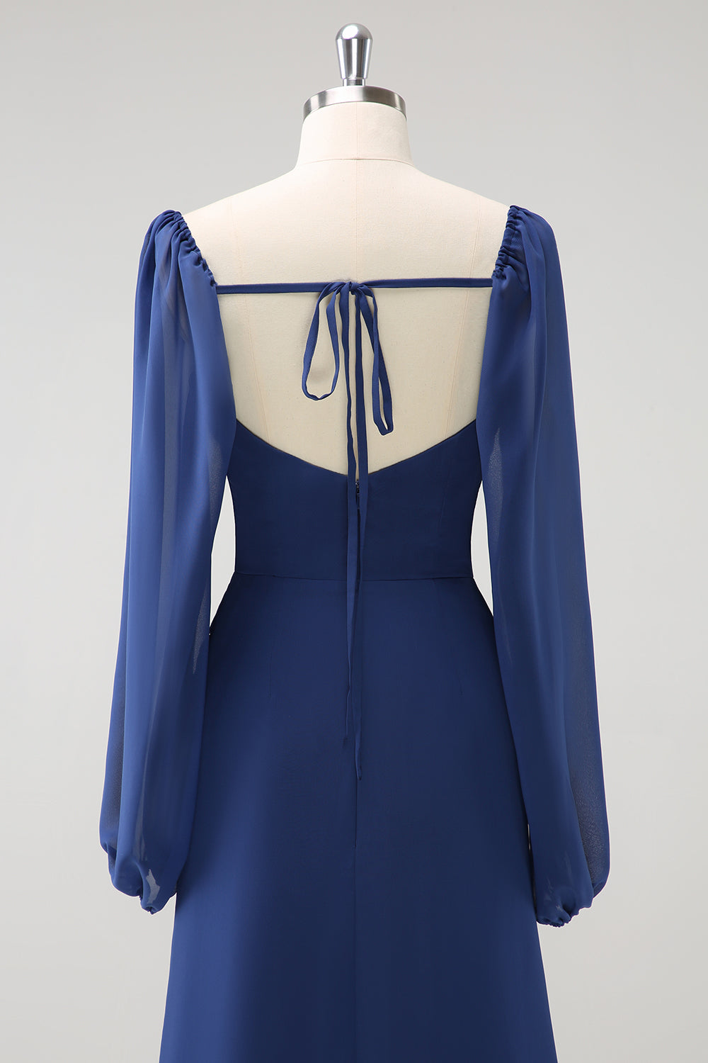 Mørkeblå slire firkantet hals chiffon lange ermer lang brudepike kjole med splitt