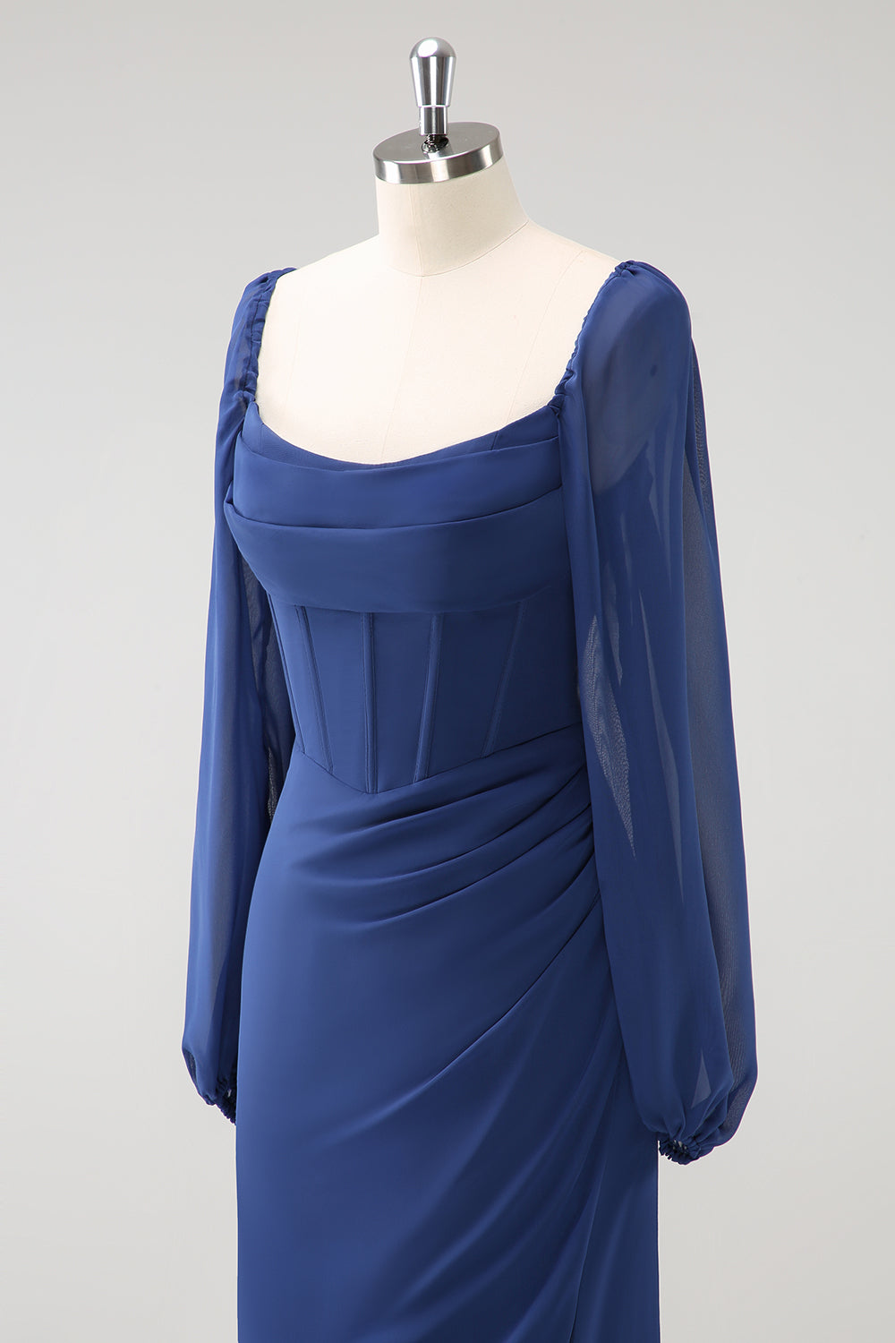 Mørkeblå slire firkantet hals chiffon lange ermer lang brudepike kjole med splitt