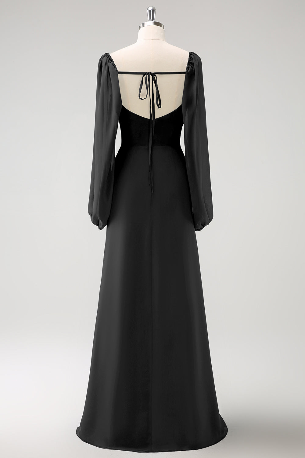 Mørkeblå slire firkantet hals chiffon lange ermer lang brudepike kjole med splitt