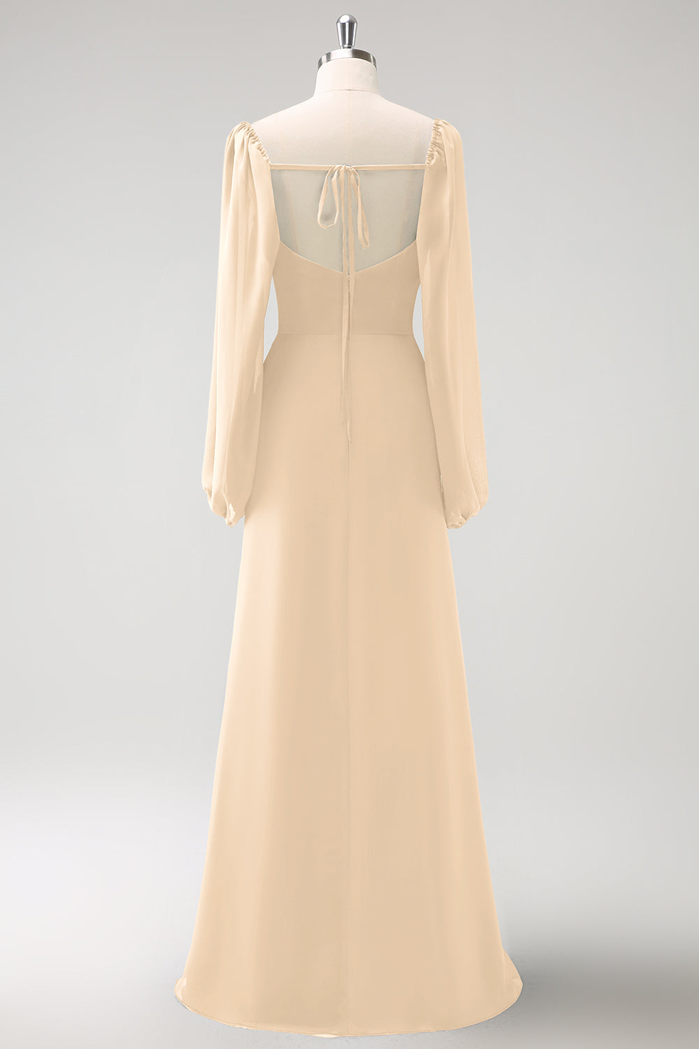 Mørkeblå slire firkantet hals chiffon lange ermer lang brudepike kjole med splitt