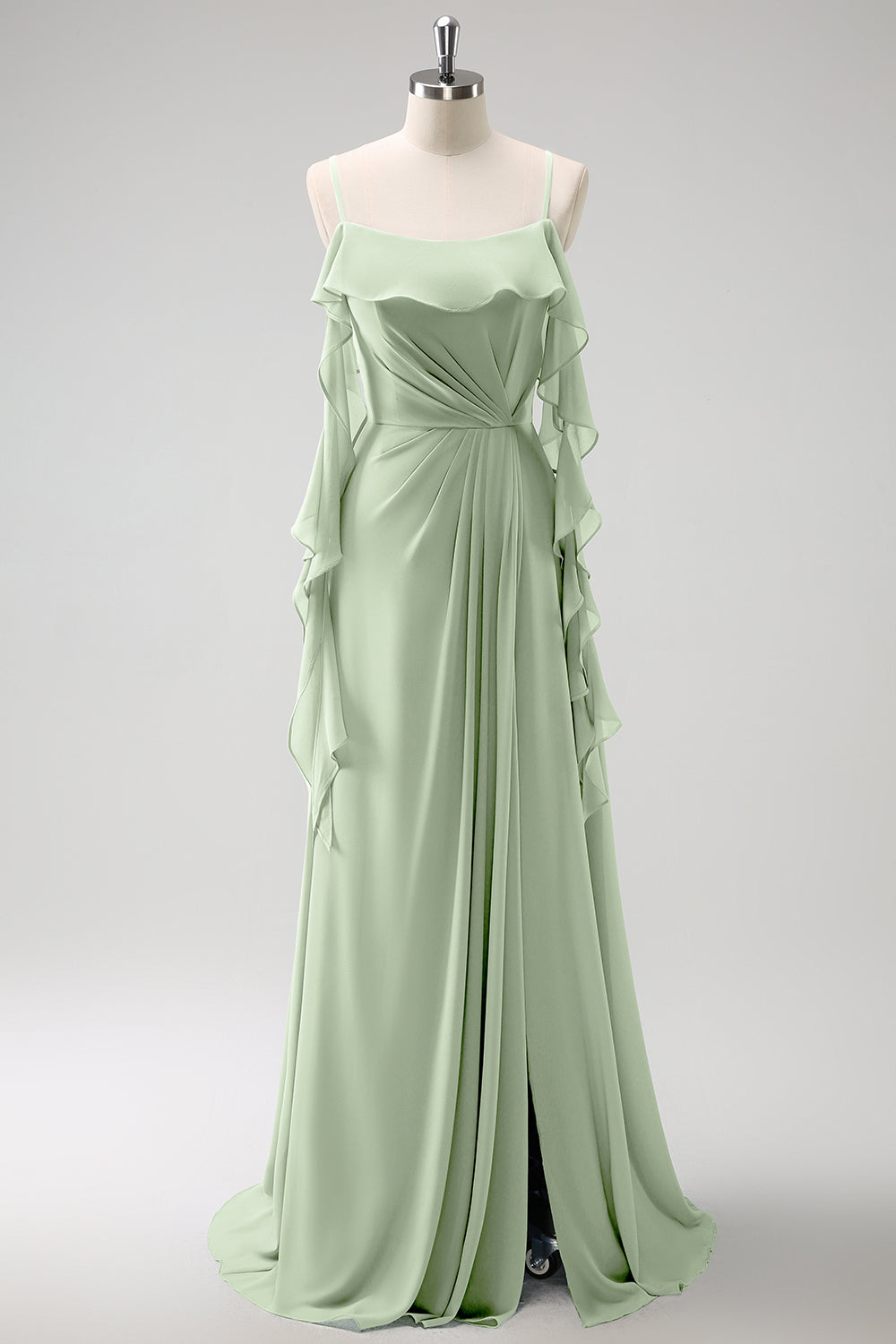 Grå Blå A-linje Spaghetti Stropper Chiffon Lang Brudepike Kjole med Splitt