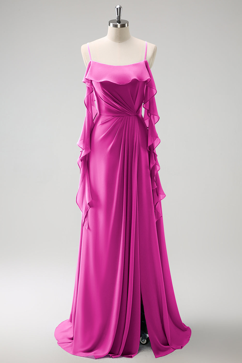 Grå Blå A-linje Spaghetti Stropper Chiffon Lang Brudepike Kjole med Splitt