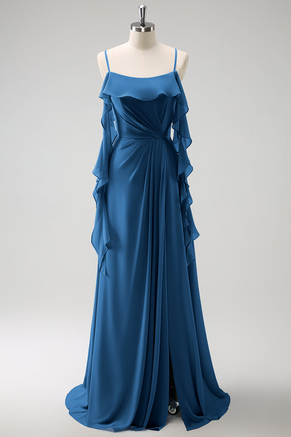 Grå Blå A-linje Spaghetti Stropper Chiffon Lang Brudepike Kjole med Splitt